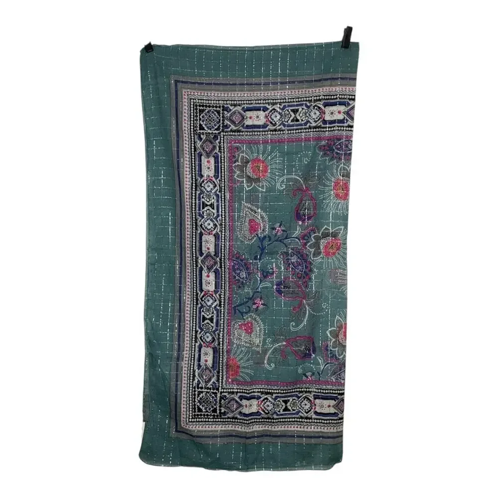 Chaudry KS NWT Scarf Central Floral Motif Shimmering Border Geometric Pattern